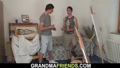 Play Mature Granny Satisfies Two Teen Cocks in Threesome