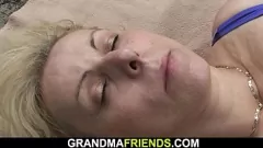 Play Buddy's Beach Threesome with Mature Blonde Granny