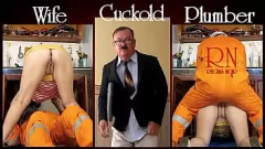Play Cuckold Husband Watches as Brunette Housewife Fucks Plumber in Kitchen