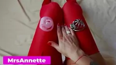 Play Femdom Mistress Ruins Slave's Release in Stockings and Pantyhose